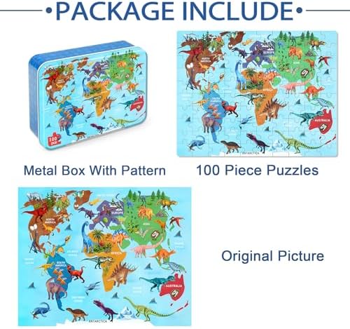 LELEMON Puzzles for Kids Ages 4-6,Dinosaur Map 100 Piece Puzzles for Kids Ages 6-8 in a Metal Box,Educational Jigsaw Puzzles,Childrens 100 Piece Puzzle Games Puzzle Toys for Girls and Boys - Image 6