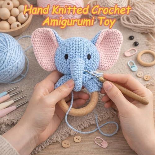 Elephant Baby Rattle Teething Ring Hand Knitted CrochetCute Jungle Animal Sensory Toy for Baby Boys Girls 0-3 Months Plush Stuffed Texture Montessori Grasping Shaker Stroller Travel Gift - Image 3