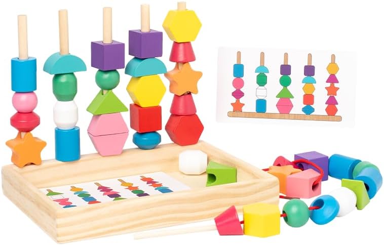 Practical Life/Math/Sensorial/Wooden Blocks Sewing/Lacing/String Beads Sequencing/Stacking/Building Geometric Shape Block Column Card Patterns Matching STEM Toys Gifts 3-6 by EduLandMontessori