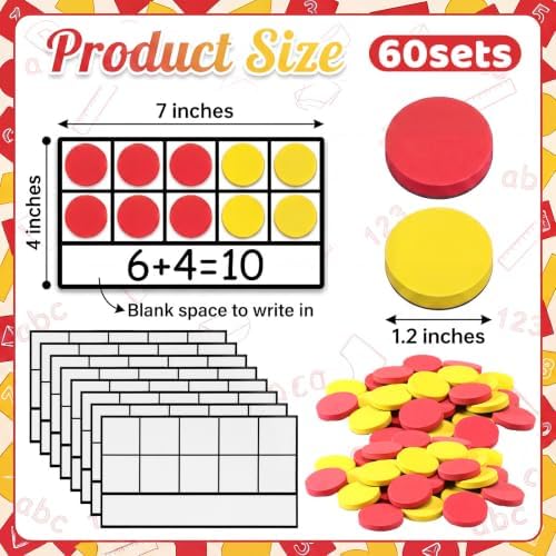 Ireer 60 Sets Bulk Magnetic Ten Frames for Classroom 600 Magnetic Math Counters and 60 Boards Kindergarten Classroom Must Haves Math Manipulatives for Home Prek Preschool Elementary(Red Yellow) - Image 2