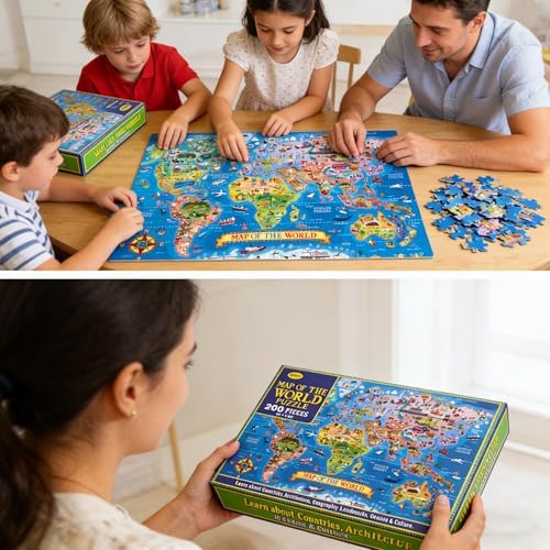 200 Pieces World Map Jigsaw Puzzle for Kids Ages 4-8, Environmental Recyclable Cardboard, Portable, Hand-Eye Coordination, Spark Educational Conversations - Image 6