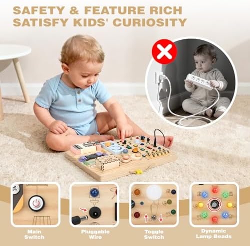 Joyreal Wooden Busy Board Montessori Toys for Toddlers, Sensory Activity Board with LED Lights, Music Box & Locks, Educational Learning Toy Gifts for Boys and Girls - Image 4
