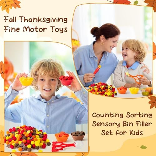 EZdhuawuse Fall Sensory Bin Fillers - 294P Fall Thanksgiving Fine Motor Toys Counting Sorting Set for Kids Autumn Counting Toy with Felt Maple Leaf Pom Poms Cup Clip for Preschool Education Activities - Image 5