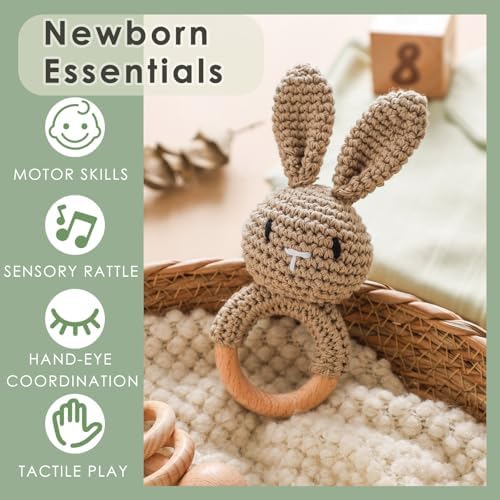 Baby Crochet Rattle Toy - Hand-Knitted Animal Bunny Teether with Soft Bell, Montessori Sensory Toy for Infants 0-36 Months, Natural Wood Teething Ring, Ideal Newborn Keepsake Gift - Image 6