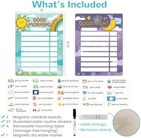 Magnetic Bedtime/Morning Routine Chart for Kids -Toddler Daily Schedule Chart at Home,Morning Checklist,Dry Erase Bedtime Checklist to Do List,Daily Routine Chore Chart for Kids - Image 2