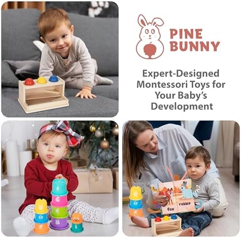 Pine Bunny Montessori Wooden 11-in-1 Toy Set for 10+ Months, Cylinder Block, Push Ball Box, Mirror Puzzle, Stacking Cups Rabbit Rattle Soft Book Educational Learning Color Recognition Fine Motor Toys - Image 3