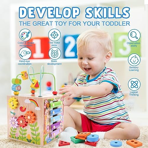 Wooden Activity Cube | Montessori Toys for 1 2 3 Year Old Toddler Gifts - Image 4