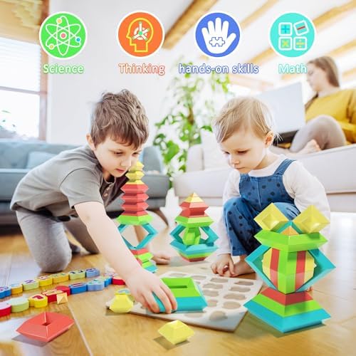 Sorting Stacking Toys for Ages 3 4 5 6 Toddlers,40PCS Pyramid STEM Building Blocks,3D Montessori Preschool Learning Toy for Kids,STEM Sensory Toy Gifts for 2-4 Years Old Boys Girls,Storage Box Set - Image 2