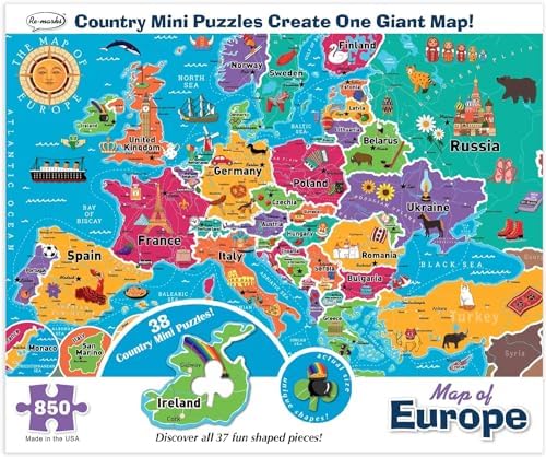Re-marks Map of Europe Deluxe Jigsaw Puzzle with Whimsy Pieces - All Ages by Re-marks