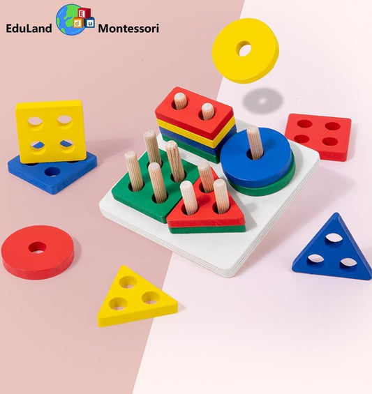 Practical Life/Sensory Geometric Column Colors & Shapes Puzzles Stacking Tower: Wooden Blocks 2-6 Years Old Toddlers Color Recognition Toy Educational Occupational Therapy STEM Gift - Image 2