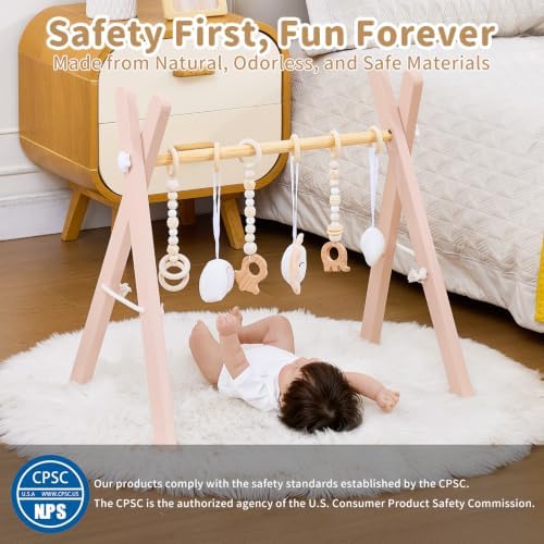 Foldable Wooden Baby Play Gym with 6 Sensory Toys – Montessori Activity Center for Newborns, No-Tool Assembly, Natural Wood Indoor Gym for Infant Motor Development & Tummy Time (Pink) - Image 3