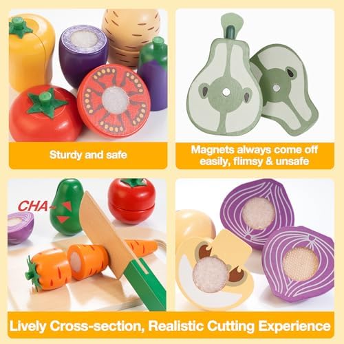 Wooden Play Food Set for Kids Kitchen, Cutting Veggies & Fruits Toy Set - Image 3