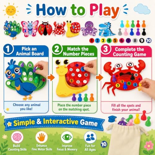 Cinrobiye Animal Counting Game for Kids, Number Matching Game 1-10 with Cute Animal Boards, Fun Educational Activity Games Set for Family Play, Party & Classroom Use - Image 3