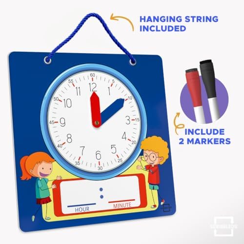 Scribbledo Learning Clock for Kids 13" Dry Erase Teaching Clock with Movable Hands Analog & Digital Time, Magnetic Backing, Hanging String & 2 Markers Classroom Homeschool - Image 3