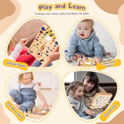 Busy Board with LED Light Switches, Montessori Toys for 1 2 3 Years Old, Toddlers Wooden Toy Sensory Activity Board, Travel Toys for 1+ Year Old Boy & Girl Birthday Gift (19 Switches) - Image 3
