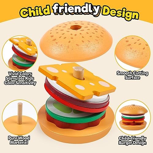 Kizh Wooden Burger Sorting Stacking Toy for Toddlers - Preschool Montessori Educational Fine Motor Toys for Kids Boys Girls - Image 4