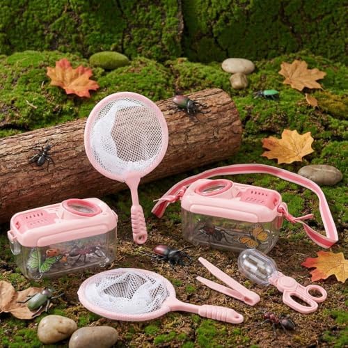 Halloscume 6 Sets Bug Catcher for Kids Students Insect Catching Kit Collector Bug Box with House, Butterfly Net, Tweezer, Cage Habitats Container Collection Explorer Gift (Pink,Green) - Image 4
