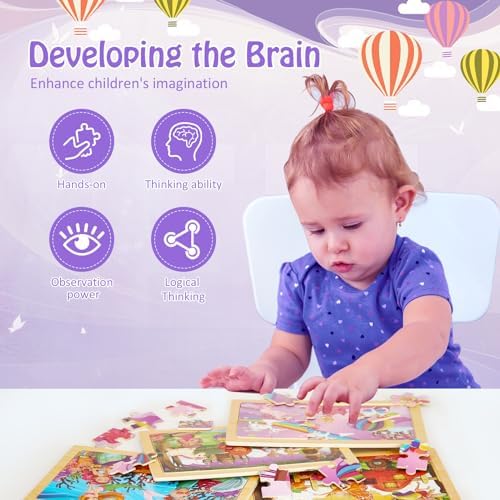 Wooden Puzzles Toys for Kids Ages 3-5, Set of 4 Packs with 20-Piece Unicorn Mermaid Princess Wood Jigsaw Puzzles, Preschool Educational Brain Teaser Toys for Girls 3 4 5 6 Years Old. - Image 6