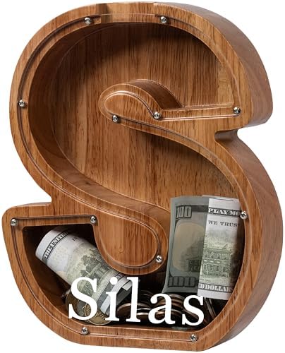 Personalized Large Wooden Kids Letter Piggy Bank - (Laser Engraved) Custom Piggy Bank for Boys Girls - Wooden Banks with Initials - Alphabet Money Box Bank Birthday Letter S Bank by Ladenk