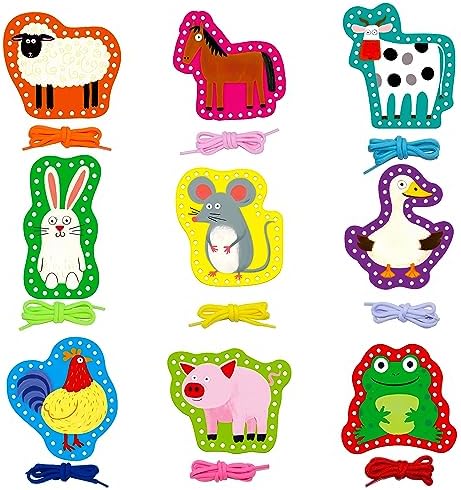 SpriteGru 9 Pieces Kids Lacing Cards, Double Sided Sewing Cards in 9 Farm Themed Cards with 9 Colorful Laces, Imagination Development Lacing Toys Games for Children Educational and Learning Activity by SpriteGru