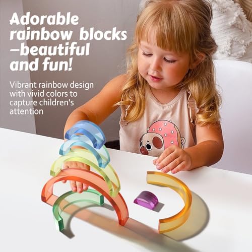 Dinhon Acrylic Rainbow Blocks Set - 7 Colors Graduated Arch Blocks, Gem Rainbow Stacker Toy for 1 2 3 4 5 Years Old Boys Girls Gift, Creative Building & Sensory Decorative Birthday Toy - Image 2