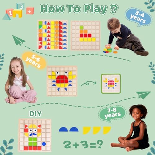 Wooden Pattern Blocks with Grid Board 142PCS Wood Mosaic Tiles Montessori Shape Puzzle Tangrams for Kids with Storage Bag Preschool Educational Toys for Boys Girls Ages 3+ - Image 4