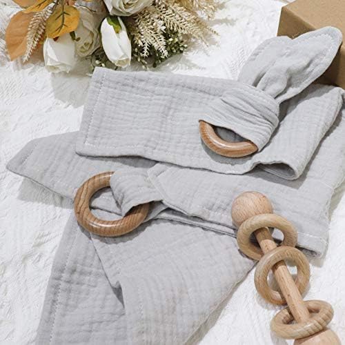 Baby Lovey, Wood Rattle, Teether Ring, 3 Pack Montessori Gift, Gray, Cotton, Double Gauze, Baby Shower, Gender Neutral Gift - Image 4