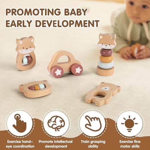 FReniland Wooden Montessori Toys, 5-Piece Wooden Baby Toys, Bear Baby Rattle, Fox Stacking Ring, Car Push and Pull Toys, Bear Grasping Toys,Newborn Baby Gift Sets for Boys and Girls - Image 4