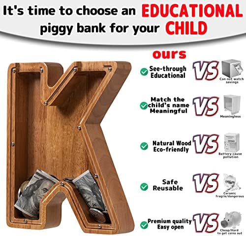 ladenk 12 Inch Extra Large Wooden Kids Letter Piggy Bank - Piggy Bank for Boys Girls - Initial K Bank - Alphabet Money Bank for Birthday - Image 3