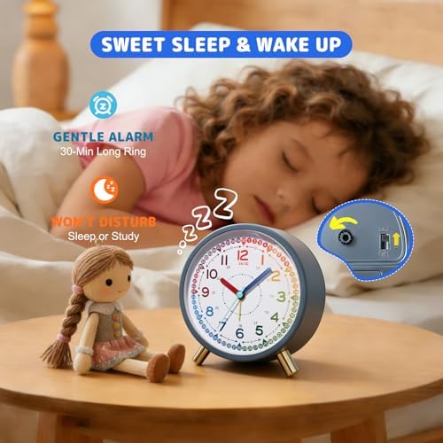 Kids Alarm Clock, Silent Non-Ticking, Analog Learning Clock for School Beginners, Stylish Round Metal Clock, Easy to Read, Battery Operated Student Back to School Gifts - Image 6