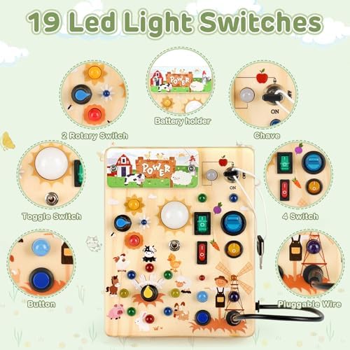 Sanlebi LED Busy Board for Toddlers 1-3,Montessori Toy with Key Switch, Light Up Wood Activity Sensory Board for Fine Motor Skills, Educational Travel Toy Gift for 1 2 3 Year Old Boys Girl - Image 2