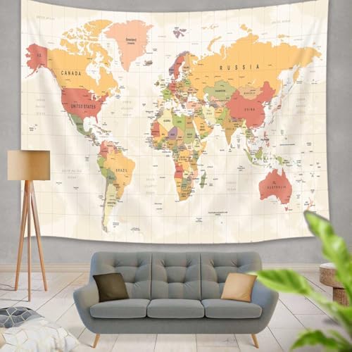 JAWO World Map Tapestry for Kids Student, with Countries & Major Cities Educational Vintage Asia Europe South City Topography America Africa Japan Wall Tapestries 40X30 Inch by JAWO