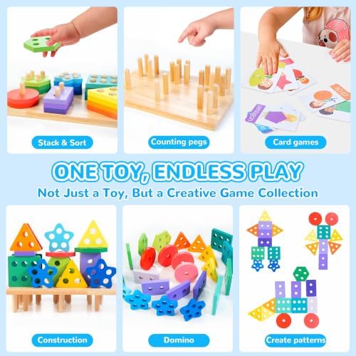 Wooden Sorting & Stacking Toys, Montessori Toys for 1 2 3 Years Old Toddlers, Shape Sorter Puzzles with 24-Piece Large Geometric Blocks & 12 Word Cards, Gift for 12+ Months Baby Boys Girls - Image 3