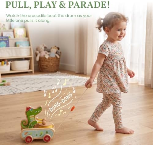 Wooden Push Toys for Toddlers 1-3, Crocodile Beating Drum Walking Pull Toy - Image 4