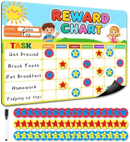 Magnetic Reward Chart, Dry Erase Weekly Behavior Chore Chart with 54 Magnets Star Stickers 1 Markers, Reusable Fridge Responsibility Incentive Daily Routine Task Tracker for Potty Training Home School by AnMTGDCT