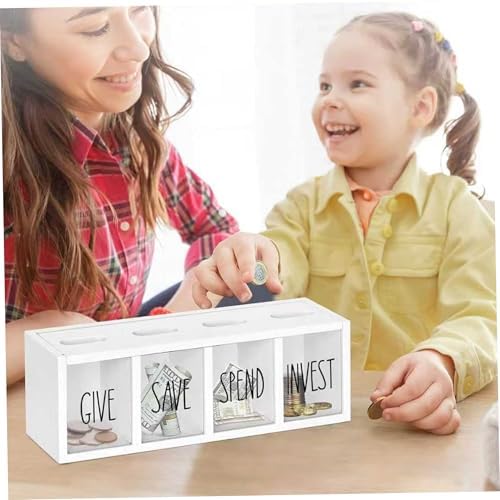 Save Spend Give Bank for Kids, Wooden Money Saving Box with Visual Compartments, 12.9x4.3x3.5 inch Wall-Mounted Montessori Coin Box, White - Image 4