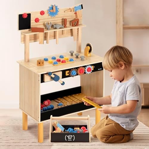 PairPear Wooden Kids Tool Bench, Large Workbench with Tool Set with Toy Box - Image 2