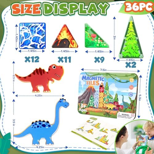 Travel Magnetic Tiles for Toddler Boys Kid, 36PC Mini Dinosaur Sets Airplane Restaurant Road Trip Activities Car Toys for Age 3 4 5 6 7 8 Year STEM Magnet Blocks Easter Basket Stuffers Gifts - Image 3