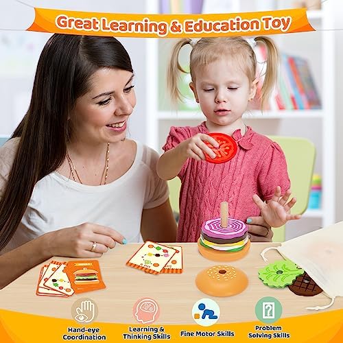 Jumlys Montessori Wooden Burger Stacking Toys for 2, 3, 4, 5 Year Olds, Fine Motor Toys for Kids Boys Girls, Ideal Preschool Educational and Learning Toys, Perfect Christmas Birthday Gifts - Image 6
