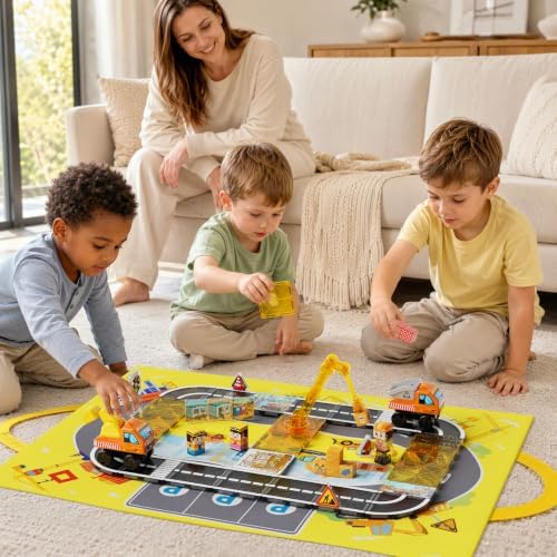 burgkidz Magnetic Tiles Construction Set – Engineering Blocks with Crane, 2 Detachable Vehicles (Build on Chassis), Ramp & Slide, Play Mat & Bag – STEM Toy for Ages 3-8 (47PCS, Premium ABS) - Image 3