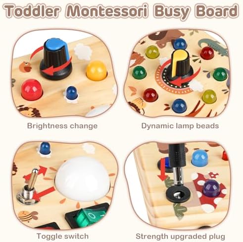 LED Busy Board for Toddlers 1-3,Montessori Toy with Key Switch, Light Up Wood Activity Sensory Board for Fine Motor Skills, Educational Travel Toy Gift for 1 2 3 Year Old Boys Girl - Image 3