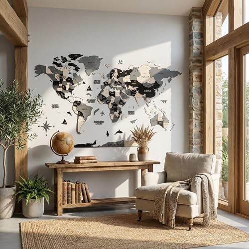 Colorfull Worlds 3D Wooden World Map Wall Art | Unique Wall Decor with Pins for Travel Enthusiasts | Home and Office Wall Décor | Grey | XLarge - Image 5