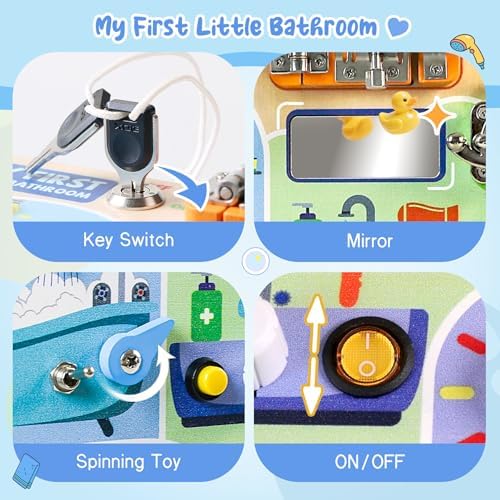 Busy Board Montessori Toys for Toddler 1-3 Year Old, Wooden Sensory Board with LED Light Switches,Bathroom Theme Travel Toys for 1+ Year Old Boy & Girl Birthday Gift - Image 2