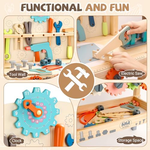 Tool Bench for Kids Toy Play Workbench Wooden Tool Bench Workshop Workbench with Tools Set Wooden Construction Bench Toy for 3 4 5 Year Old Boys and Girls - Image 3