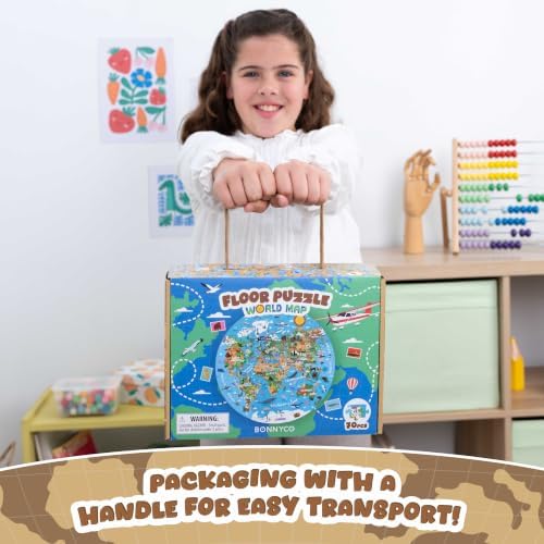 BONNYCO Giant Floor Puzzles for Kids World Map with 70 Large Pieces. Round Globe Puzzle with Animals, 23 x 23 in, 15 Cards, 4 3D Figures, Guide. Learning Gifts, Toys for 4 Year Old Boys - Image 5