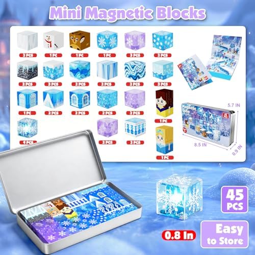 Magnetic Blocks, 45pcs Travel Toys Building Set with Magnetic Tin Box, Transparent & Light Up Magnet Cubes for Blue Snow Castle Build, Princess Toy Birthday Gift for Kid Girl 3+ - Image 3