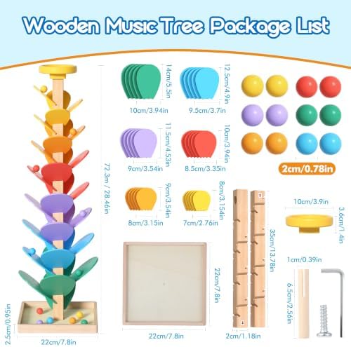 GOTOOFUN Wooden Marble Run Music Tree, Tumble Leaf Montessori Rainbow Singing Tree with Sound, Includes Top Storage Lid and 12 Wooden 2cm Balls, Color Sorting STEM Learning Toy, Gift for Kids - Image 2