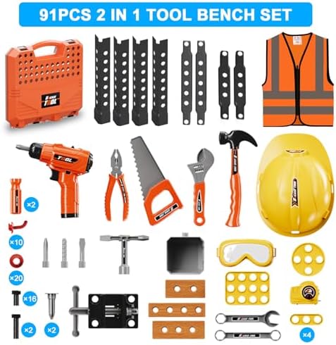 Kids Tool Bench with Power Drill, Realistic Tools, Construction Vest - Image 6