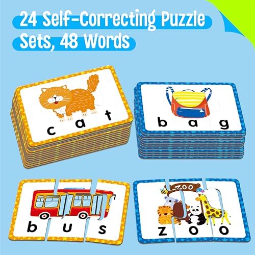 24 Set 3-Letter Word Puzzle Cards, 72 PCS Self Correcting Word Spelling Puzzles, Double Sided Puzzle Cards for Kindergarten Preschool Learning - Image 2