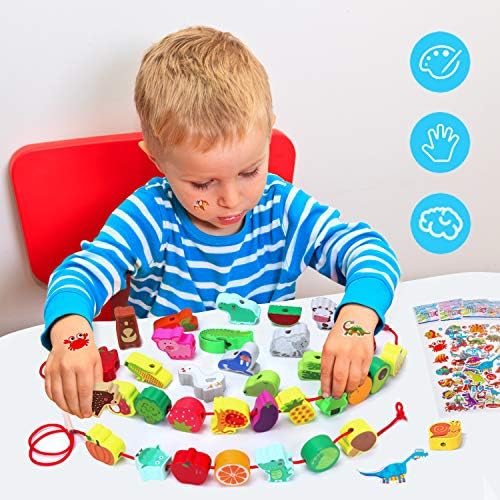 Montessori Educational Wooden Lacing Beads Toys for Toddler 3 4 5 Year Old, Farm Animals Fruits Vegetables Threading Toys Preschool Stringing Fine Motor Skills Toy for Boys Girls [with 3D Stickers] - Image 6
